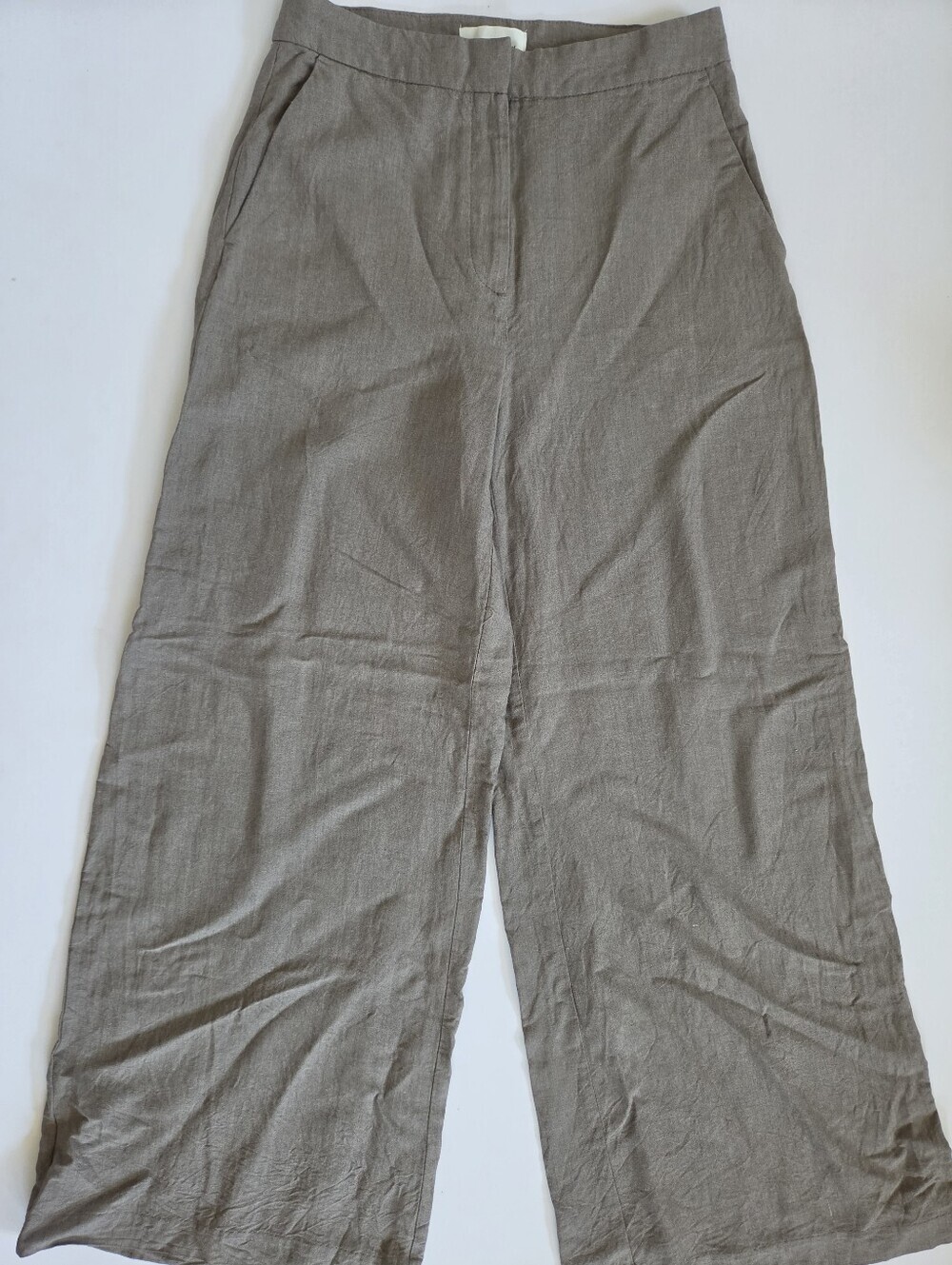 H&M linen blend wideleg flowg lightweight trousers in neutral beige brown sz 2